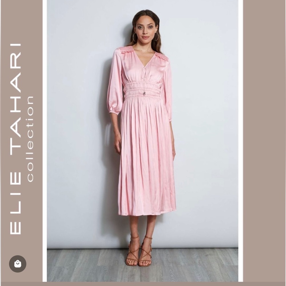NWOT Elie Tahari satin smock pleat dress pink